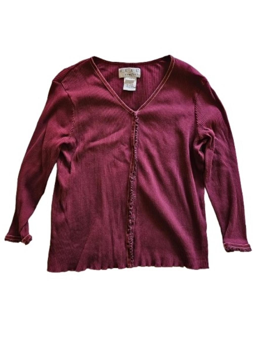 Real Comfort Burgundy Ribbed Cardigan Sweater Large Velvet Trim Cottagecore